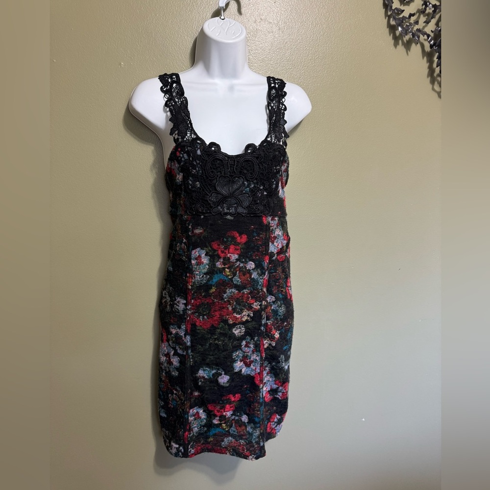 Free People Knit Floral Print Mini Dress Bodycon Lace Butterfly Yoke Straps Sz S